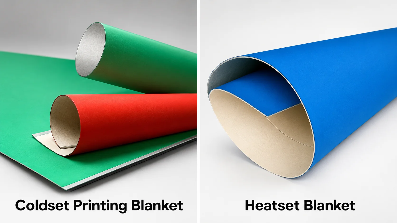 Coldset and heatset printing blankets displayed side by side comparison.