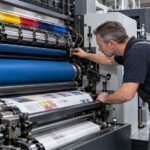 Technician inspecting offset printing press rollers and blanket cylinder assembly.