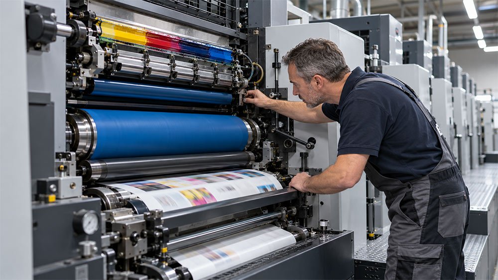 Technician inspecting offset printing press rollers and blanket cylinder assembly.
