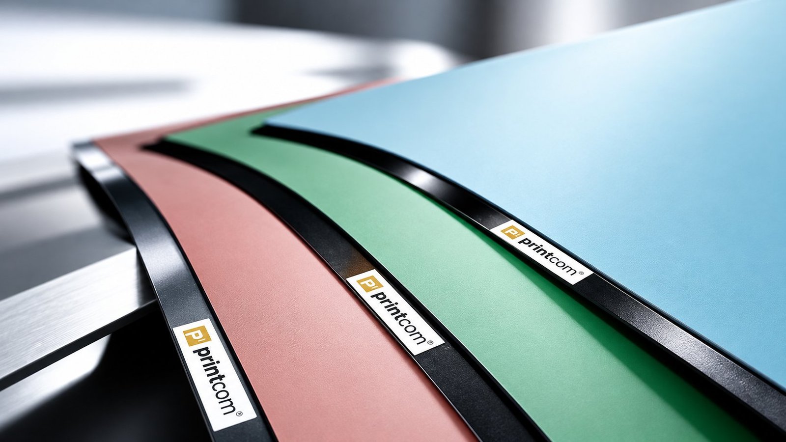 Printcom offset printing blankets featuring different coloured rubber surface finishes.
