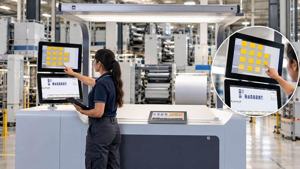 Operator monitoring web offset press controls for reliable production performance