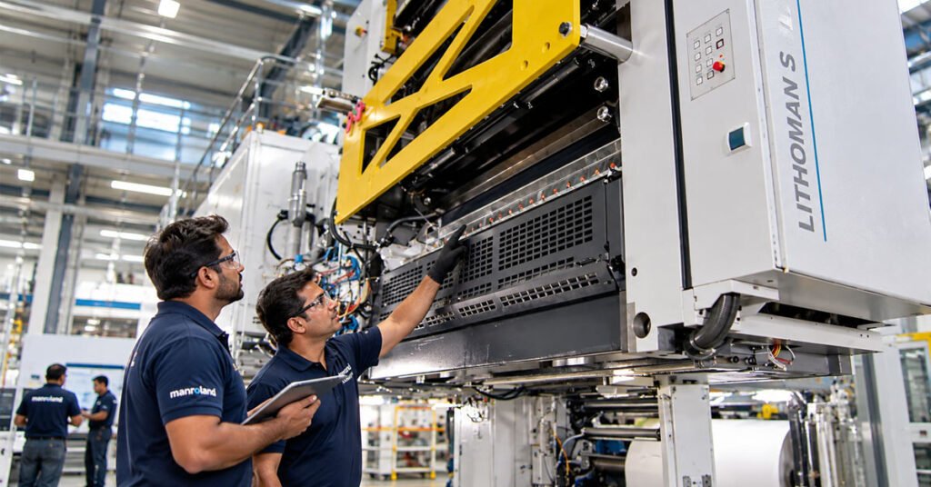 Web offset printing press installation illustrating long term lifecycle support.