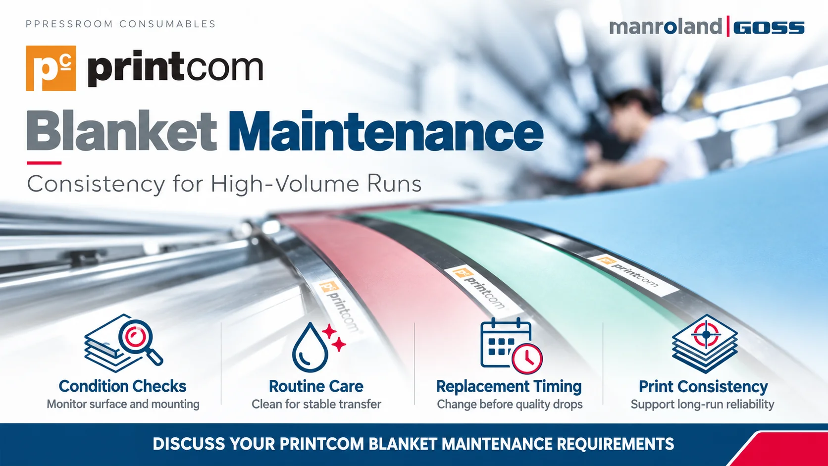 Printcom blanket maintenance infographic highlighting inspection care replacement and consistency.