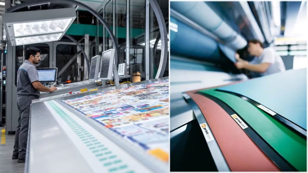 Operator monitoring printing press performance alongside Printcom offset printing blankets.