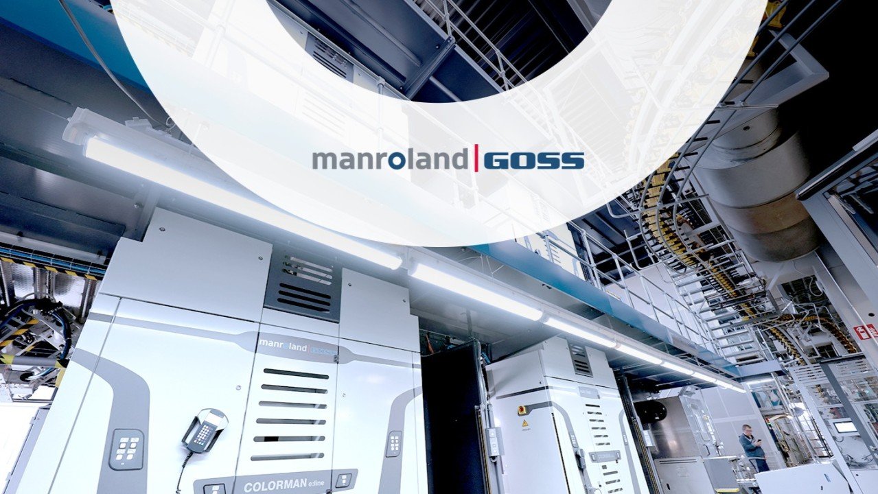 manroland Goss COLORMAN e:line newspaper press in industrial production facility.